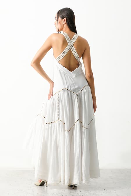 Shop_THE IASO_White Cotton Lace Work Square Neck Sorin Dress _at_Aza_Fashions