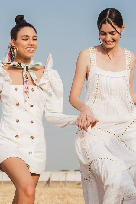 Buy_THE IASO_White Cotton Lace Work Square Neck Sorin Dress _Online_at_Aza_Fashions
