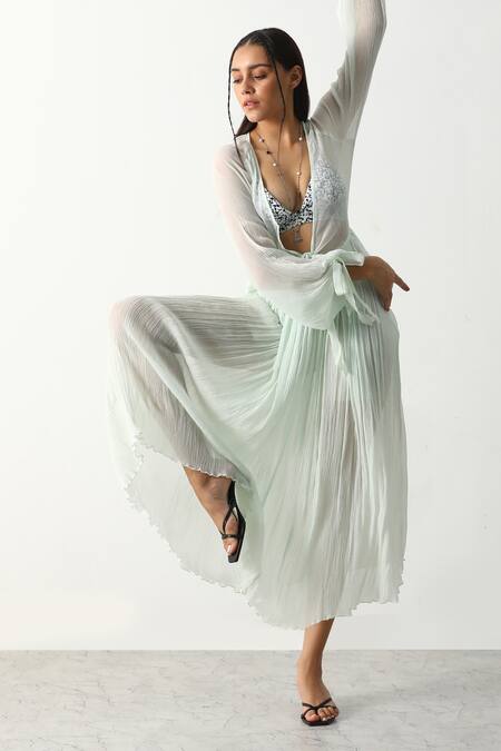 The Iaso_Blue Viscose Crinkle Chiffon Solid V Neck Alondra Cover Up Dress _Online_at_Aza_Fashions