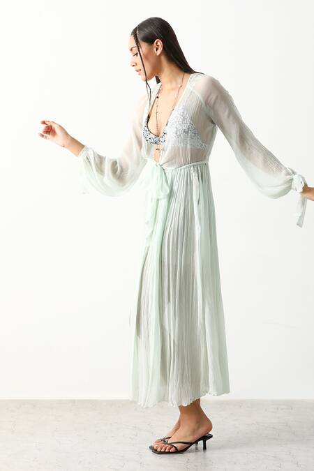 Buy_The Iaso_Blue Viscose Crinkle Chiffon Solid V Neck Alondra Cover Up Dress _Online_at_Aza_Fashions