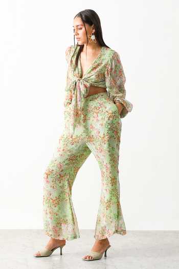The Iaso_Green Viscose Crinkle Chiffon Floral Plunge Neck Maisy Crop Top And Pant Set _Online_at_Aza_Fashions