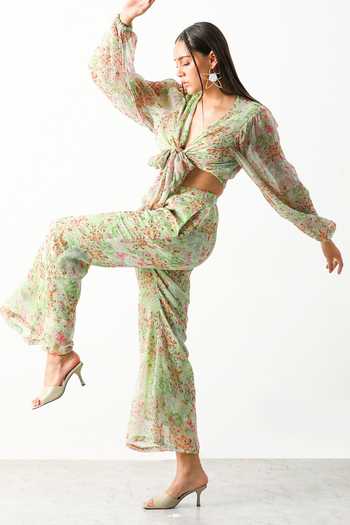 Buy_The Iaso_Green Viscose Crinkle Chiffon Floral Plunge Neck Maisy Crop Top And Pant Set _Online_at_Aza_Fashions