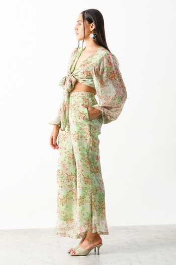 Shop_The Iaso_Green Viscose Crinkle Chiffon Floral Plunge Neck Maisy Crop Top And Pant Set _Online_at_Aza_Fashions