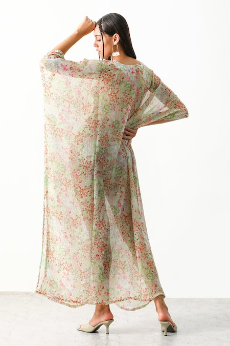 Shop_THE IASO_White Viscose Crinkle Chiffon Floral Plunge Neck Maisy Kaftan Cover Up _at_Aza_Fashions