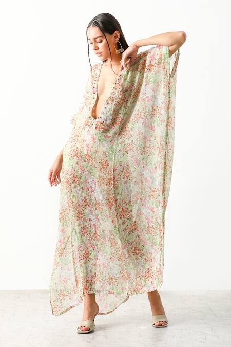 THE IASO_White Viscose Crinkle Chiffon Floral Plunge Neck Maisy Kaftan Cover Up _Online_at_Aza_Fashions