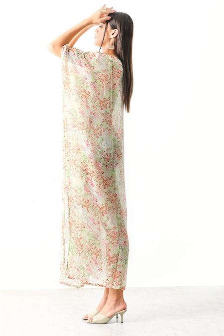 Buy_THE IASO_White Viscose Crinkle Chiffon Floral Plunge Neck Maisy Kaftan Cover Up _Online_at_Aza_Fashions