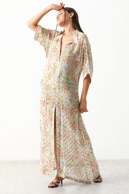 Shop_The Iaso_White Viscose Eye Dot Lurex Georgette Floral Plunge Maisy Cover Up Shirt Dress _at_Aza_Fashions