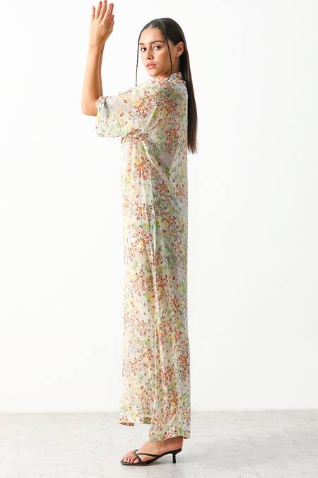 The Iaso_White Viscose Eye Dot Lurex Georgette Floral Plunge Maisy Cover Up Shirt Dress _Online_at_Aza_Fashions
