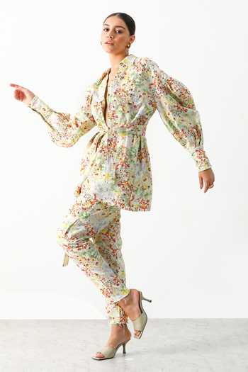 The Iaso_White Cotton Twill Floral Lapel Collar Maisy Jacket And Pant Set  _Online_at_Aza_Fashions