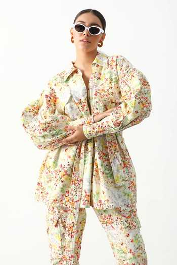 The Iaso_White Cotton Twill Floral Lapel Collar Maisy Jacket And Pant Set  _at_Aza_Fashions