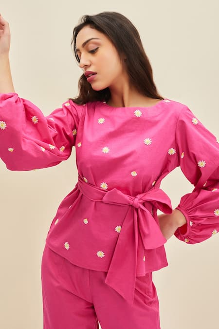Shop_Meadow_Pink Cotton Poplin Floral Boat Ida Embroidered Top_Online_at_Aza_Fashions