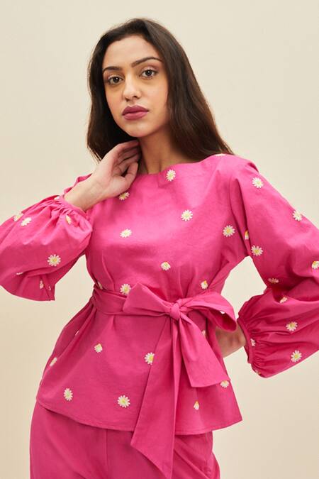 Buy Meadow Pink Cotton Poplin Floral Boat Ida Embroidered Top And Pant Set Online at Aza Fashions Buy_Meadow_Pink Cotton Poplin Floral Boat Ida Embroidered Top And Pant Set_Online_at_Aza_Fashions