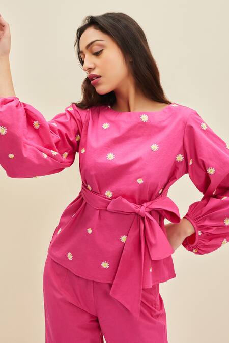 Shop Meadow Pink Cotton Poplin Floral Boat Ida Embroidered Top And Pant Set Online at Aza Fashions Shop_Meadow_Pink Cotton Poplin Floral Boat Ida Embroidered Top And Pant Set_Online_at_Aza_Fashions