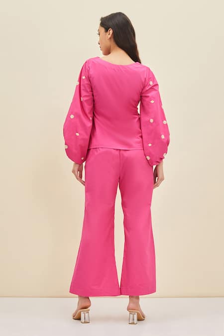 Shop Meadow Pink Cotton Poplin Floral Boat Ida Embroidered Top And Pant Set at Aza Fashions Shop_Meadow_Pink Cotton Poplin Floral Boat Ida Embroidered Top And Pant Set_at_Aza_Fashions