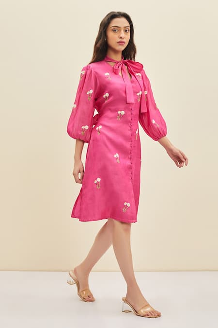 Meadow_Pink Silk, Cotton Organza Floral Tie-up Ida Puff Sleeve Shirt Dress_Online_at_Aza_Fashions