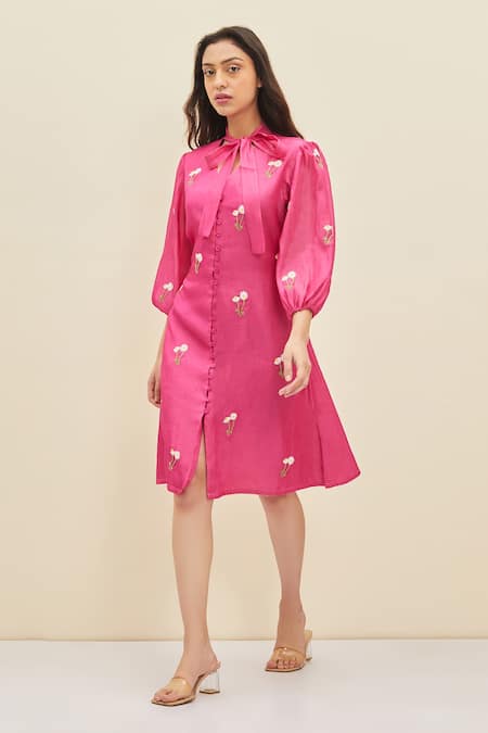 Buy_Meadow_Pink Silk, Cotton Organza Floral Tie-up Ida Puff Sleeve Shirt Dress_Online_at_Aza_Fashions