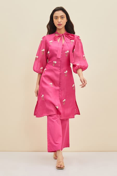 Meadow_Pink Poplin, Swiss Dot Floral Ida Puff Sleeve Tunic And Pant Set_Online_at_Aza_Fashions