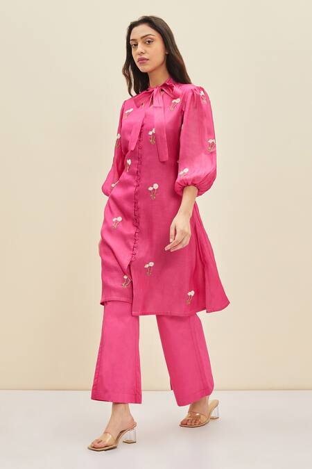Buy_Meadow_Pink Poplin, Swiss Dot Floral Ida Puff Sleeve Tunic And Pant Set_Online_at_Aza_Fashions