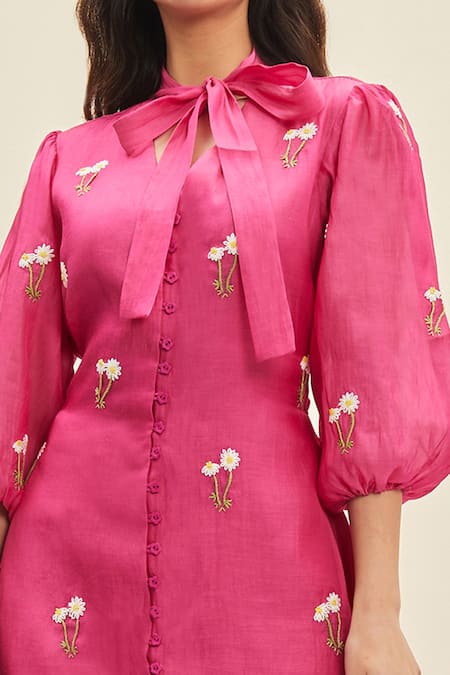 Shop_Meadow_Pink Poplin, Swiss Dot Floral Ida Puff Sleeve Tunic And Pant Set_Online_at_Aza_Fashions