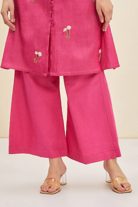 Meadow_Pink Poplin, Swiss Dot Floral Ida Puff Sleeve Tunic And Pant Set_at_Aza_Fashions