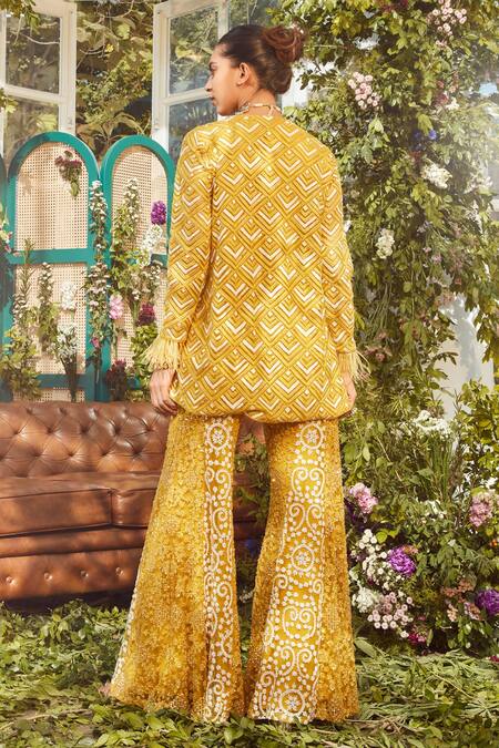 Shop Rococo Yellow Net Bead Work, Cutdana Work, Sequins Era Embroidered Tunic And Sharara Set at Aza Fashions Shop_Rococo_Yellow Net Bead Work, Cutdana Work, Sequins Era Embroidered Tunic And Sharara Set _at_Aza_Fashions