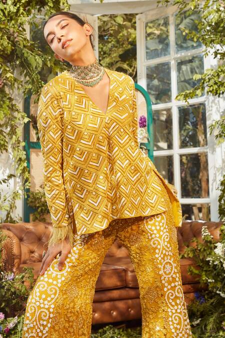 Rococo Yellow Net Bead Work, Cutdana Work, Sequins Era Embroidered Tunic And Sharara Set Online at Aza Fashions Rococo_Yellow Net Bead Work, Cutdana Work, Sequins Era Embroidered Tunic And Sharara Set _Online_at_Aza_Fashions