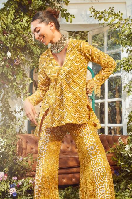 Buy Rococo Yellow Net Bead Work, Cutdana Work, Sequins Era Embroidered Tunic And Sharara Set Online at Aza Fashions Buy_Rococo_Yellow Net Bead Work, Cutdana Work, Sequins Era Embroidered Tunic And Sharara Set _Online_at_Aza_Fashions