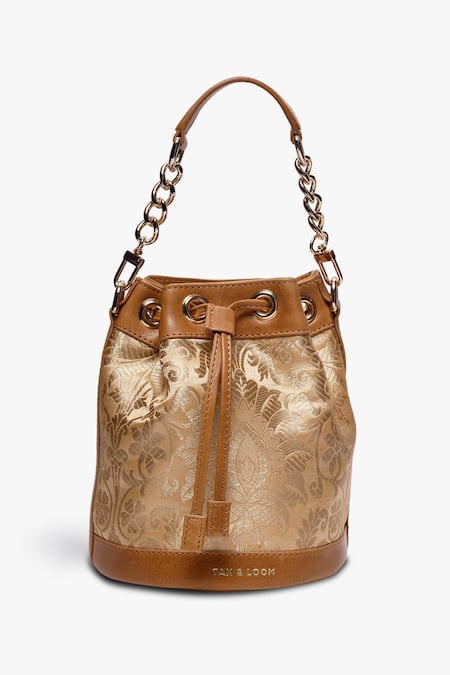 Shop Tan & Loom Gold Embroidery Bombay Brocade Flower Woven Bucket Bag at Aza Fashions Shop_Tan & Loom_Gold Embroidery Bombay Brocade Flower Woven Bucket Bag _at_Aza_Fashions