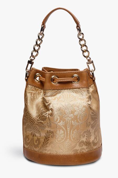 Tan & Loom Gold Embroidery Bombay Brocade Flower Woven Bucket Bag Online at Aza Fashions Tan & Loom_Gold Embroidery Bombay Brocade Flower Woven Bucket Bag _Online_at_Aza_Fashions