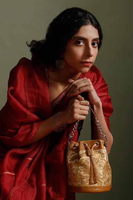 Tan & Loom Gold Embroidery Bombay Brocade Flower Woven Bucket Bag 