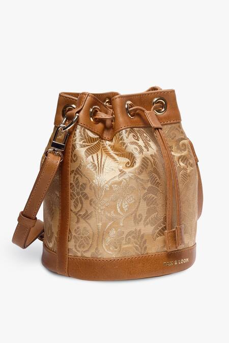 Shop Tan & Loom Gold Embroidery Bombay Brocade Flower Woven Bucket Bag Online at Aza Fashions Shop_Tan & Loom_Gold Embroidery Bombay Brocade Flower Woven Bucket Bag _Online_at_Aza_Fashions