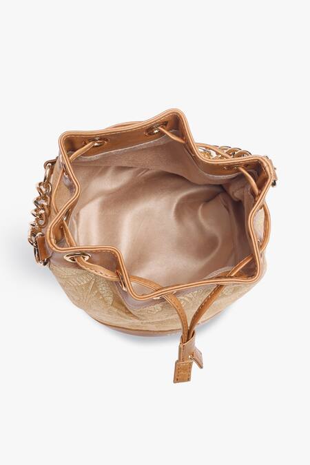 Tan & Loom Gold Embroidery Bombay Brocade Flower Woven Bucket Bag at Aza Fashions Tan & Loom_Gold Embroidery Bombay Brocade Flower Woven Bucket Bag _at_Aza_Fashions