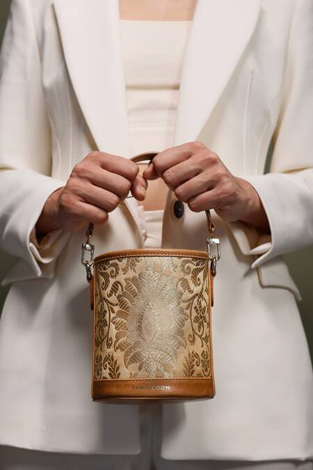 Shop_Tan & Loom_Gold Embroidery Floral Brocade Banarasi Woven Potli _Online_at_Aza_Fashions