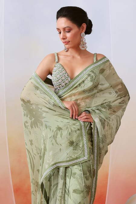Buy_ISHA GUPTA TAYAL_Green Silk, Organza Floral V Neck Print Saree With Blouse _Online_at_Aza_Fashions