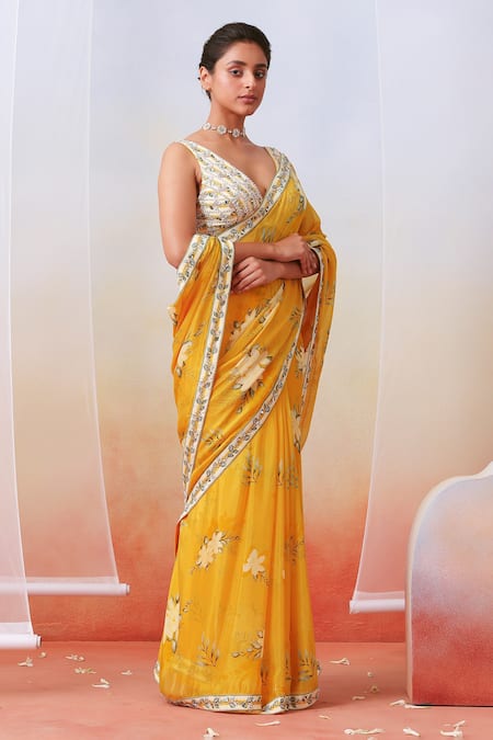 ISHA GUPTA TAYAL_Yellow Silk, Chiffon Floral, Mirror, Pearl, Resham V Print Saree With Blouse _Online_at_Aza_Fashions