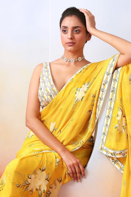 Buy_ISHA GUPTA TAYAL_Yellow Silk, Chiffon Floral, Mirror, Pearl, Resham V Print Saree With Blouse _Online_at_Aza_Fashions