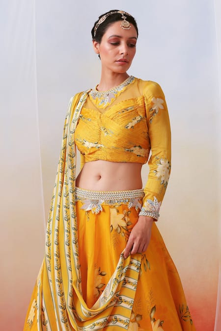 ISHA GUPTA TAYAL Yellow Organza, Chiffon Floral Round Print Lehenga Set Online at Aza Fashions ISHA GUPTA TAYAL_Yellow Organza, Chiffon Floral Round Print Lehenga Set _Online_at_Aza_Fashions