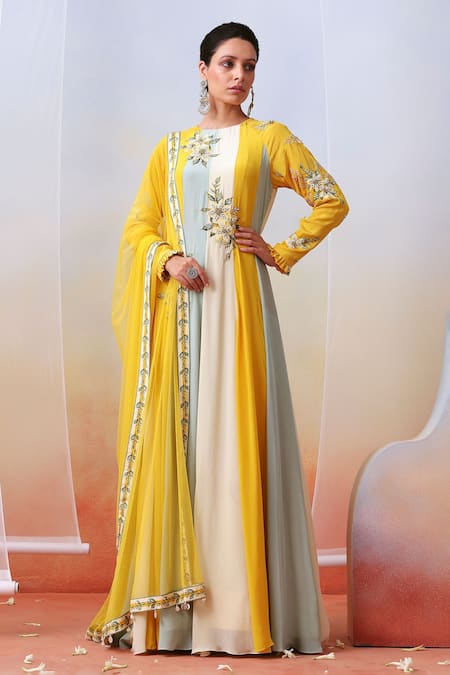 ISHA GUPTA TAYAL_Multi Color Crepe Floral Round Colorblock Anarkali With Dupatta _Online_at_Aza_Fashions