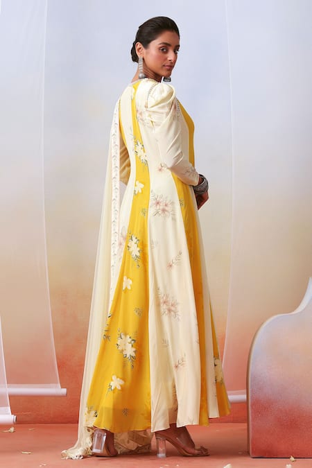 Shop ISHA GUPTA TAYAL Multi Color Crepe Floral V Neck Print Anarkali With Dupatta at Aza Fashions Shop_ISHA GUPTA TAYAL_Multi Color Crepe Floral V Neck Print Anarkali With Dupatta _at_Aza_Fashions