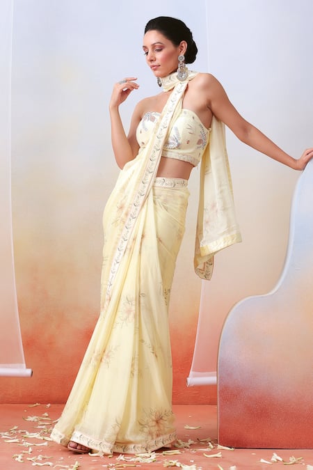 ISHA GUPTA TAYAL_White Silk, Chiffon Floral, Mirror, Zardozi Sweetheart Print Saree With Bustier _Online_at_Aza_Fashions