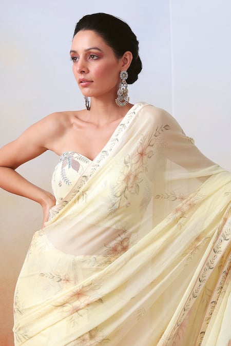 Buy_ISHA GUPTA TAYAL_White Silk, Chiffon Floral, Mirror, Zardozi Sweetheart Print Saree With Bustier _Online_at_Aza_Fashions