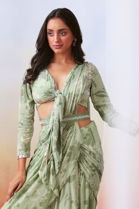 Buy_ISHA GUPTA TAYAL_Green Georgette Floral V Neck Printed Pre-draped Saree With Blouse _Online_at_Aza_Fashions