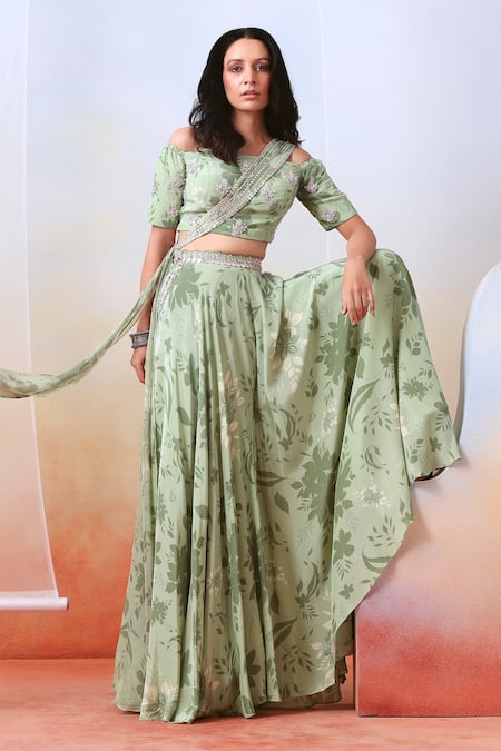 ISHA GUPTA TAYAL_Green Organza, Crepe Floral, Mirror Straight Printed Top Sharara Set _Online_at_Aza_Fashions