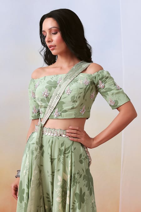 Buy_ISHA GUPTA TAYAL_Green Organza, Crepe Floral, Mirror Straight Printed Top Sharara Set _Online_at_Aza_Fashions