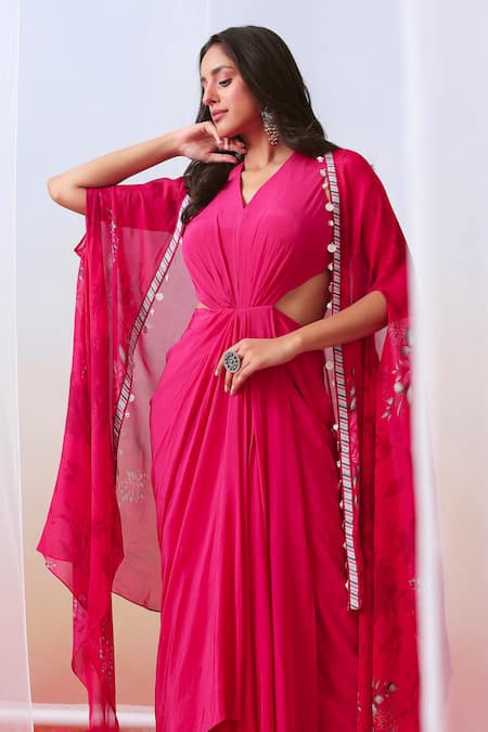 Shop_ISHA GUPTA TAYAL_Pink Crepe, Georgette Floral, Coin Gown V Neck, Jacket Open Draped With Cape _at_Aza_Fashions