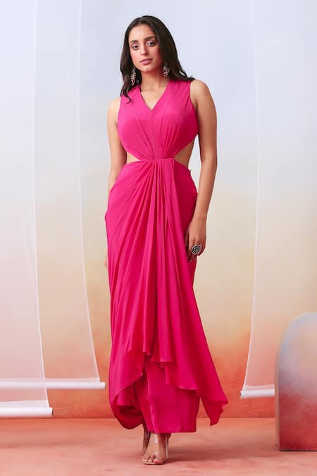 Shop ISHA GUPTA TAYAL Pink Crepe Plain V Neck Draped Gown at Aza Fashions Shop_ISHA GUPTA TAYAL_Pink Crepe Plain V Neck Draped Gown _at_Aza_Fashions