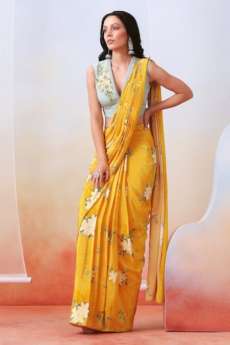 ISHA GUPTA TAYAL Yellow Crepe Floral V Neck Printed Pre-draped Saree With Blouse Online at Aza Fashions ISHA GUPTA TAYAL_Yellow Crepe Floral V Neck Printed Pre-draped Saree With Blouse _Online_at_Aza_Fashions