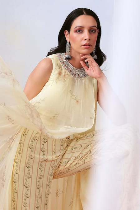 Buy ISHA GUPTA TAYAL White Crepe, Chiffon Floral Round Printed Draped Cape And Pant Set Online at Aza Fashions Buy_ISHA GUPTA TAYAL_White Crepe, Chiffon Floral Round Printed Draped Cape And Pant Set _Online_at_Aza_Fashions
