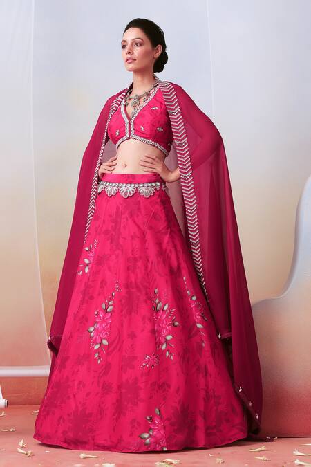 ISHA GUPTA TAYAL Pink Silk, Organza Floral, Mirror V Neck Print Lehenga Set Online at Aza Fashions ISHA GUPTA TAYAL_Pink Silk, Organza Floral, Mirror V Neck Print Lehenga Set _Online_at_Aza_Fashions