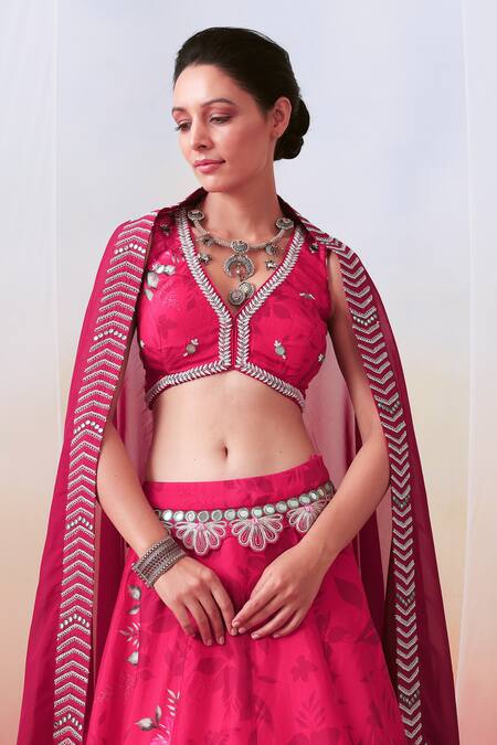 Buy ISHA GUPTA TAYAL Pink Silk, Organza Floral, Mirror V Neck Print Lehenga Set Online at Aza Fashions Buy_ISHA GUPTA TAYAL_Pink Silk, Organza Floral, Mirror V Neck Print Lehenga Set _Online_at_Aza_Fashions
